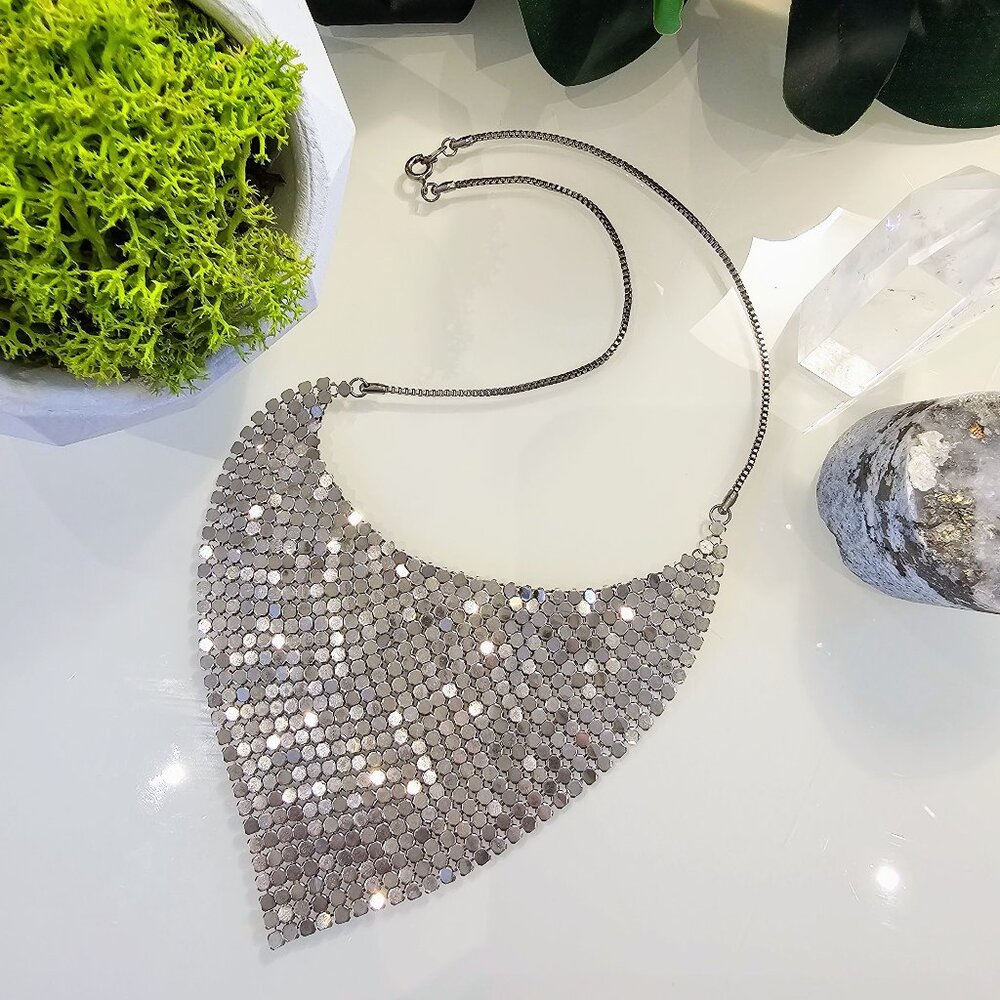 Supercool Retro 70s Silver Mesh Bib Necklace